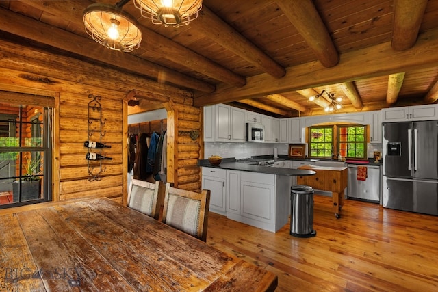 25 Big Chief Trl, Bozeman, MT 59718 - kitchen featuring appliances with stainless steel finishes, a wooden ceiling with exposed beams, light wood-style floors, white cabinets, and dark countertops
