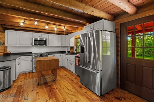 25 Big Chief Trl, Bozeman, MT 59718 - kitchen featuring stainless steel appliances, a wooden ceiling with exposed beams, butcher block countertops, light wood-style flooring, and tasteful backsplash