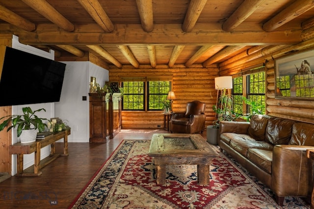 25 Big Chief Trl, Bozeman, MT 59718 - living room with wood ceiling with exposed beams, rustic walls, healthy amount of natural light, and dark wood-style floors