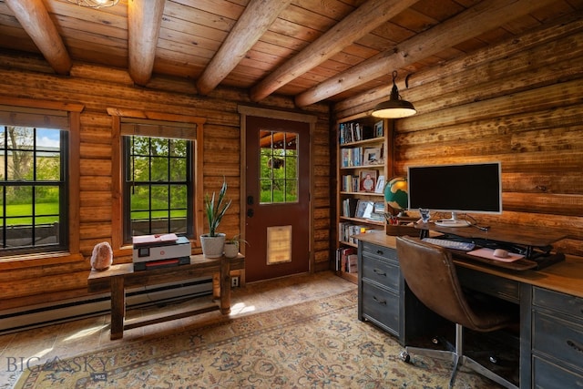 25 Big Chief Trl, Bozeman, MT 59718 - home office with a wood ceiling with exposed beams, baseboard heating, and log walls