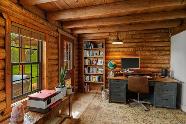25 Big Chief Trl, Bozeman, MT 59718 - office area with rustic walls, a wooden ceiling with exposed beams, and light wood finished floors