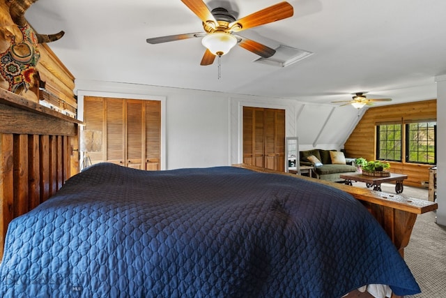 25 Big Chief Trl, Bozeman, MT 59718 - bedroom featuring attic access, carpet, multiple closets, and a ceiling fan