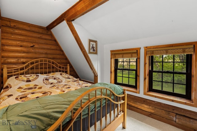 25 Big Chief Trl, Bozeman, MT 59718 - bedroom featuring log walls and lofted ceiling