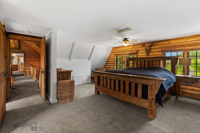 25 Big Chief Trl, Bozeman, MT 59718 - carpeted bedroom with log walls, lofted ceiling, and attic access