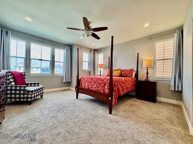 920 Butler Creek Ave, Belgrade, MT 59714 - carpeted bedroom featuring baseboards, recessed lighting, and ceiling fan