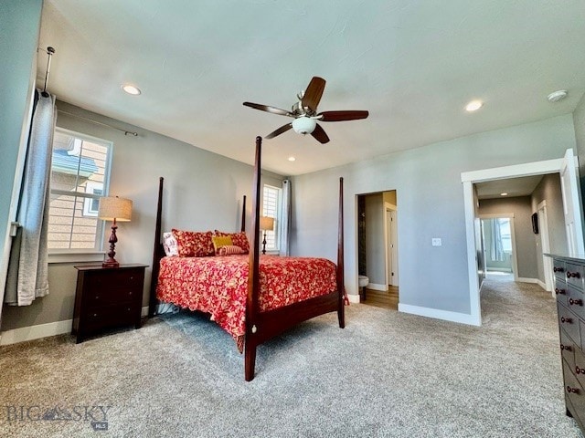 920 Butler Creek Ave, Belgrade, MT 59714 - bedroom featuring carpet flooring, recessed lighting, baseboards, and ceiling fan