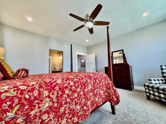 920 Butler Creek Ave, Belgrade, MT 59714 - carpeted bedroom featuring recessed lighting, ceiling fan, ensuite bathroom, and baseboards