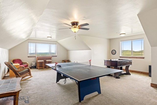 43 Lewis Dr, Three Forks, MT 59752 - recreation room featuring carpet flooring, ceiling fan, lofted ceiling, and baseboards