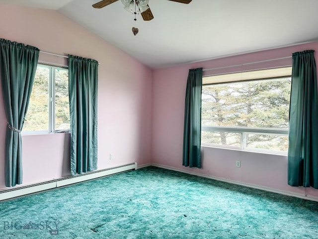 263 Hercules Rd, Emigrant, MT 59027 - carpeted spare room featuring ceiling fan, lofted ceiling, and a baseboard heating unit