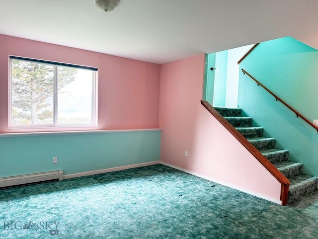263 Hercules Rd, Emigrant, MT 59027 - staircase with carpet floors, baseboards, and baseboard heating