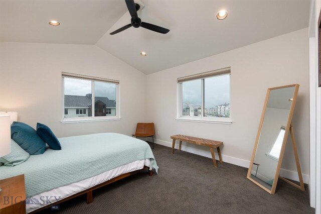 1510 Windrow Dr, Bozeman, MT 59718 - bedroom with multiple windows, lofted ceiling, recessed lighting, carpet flooring, and ceiling fan