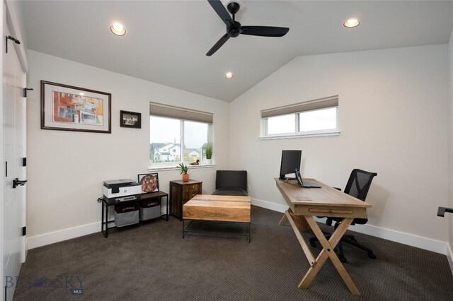 1510 Windrow Dr, Bozeman, MT 59718 - office featuring ceiling fan, recessed lighting, lofted ceiling, baseboards, and dark colored carpet