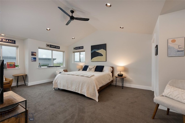 1510 Windrow Dr, Bozeman, MT 59718 - bedroom featuring carpet floors, lofted ceiling, baseboards, recessed lighting, and a ceiling fan