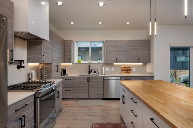 1510 Windrow Dr, Bozeman, MT 59718 - kitchen with appliances with stainless steel finishes, a sink, custom exhaust hood, light wood-type flooring, and modern cabinets