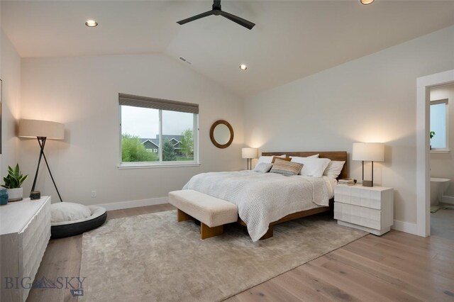 1510 Windrow Dr, Bozeman, MT 59718 - bedroom with light wood-style flooring, lofted ceiling, baseboards, ceiling fan, and recessed lighting