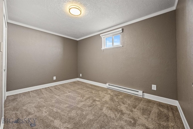 34 Mammoth, Butte, MT 59701 - carpeted empty room featuring a baseboard radiator, a textured ceiling, crown molding, baseboards, and a textured wall