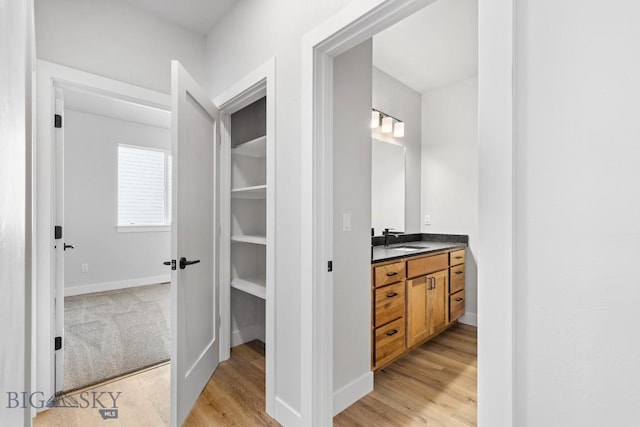 608 Spaniel Ln, Belgrade, MT 59714 - bathroom with wood finished floors, vanity, and baseboards