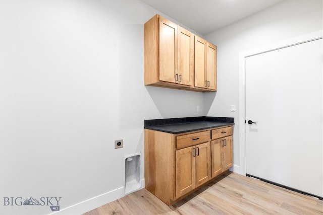 608 Spaniel Ln, Belgrade, MT 59714 - washroom with light wood-type flooring, electric dryer hookup, cabinet space, and baseboards