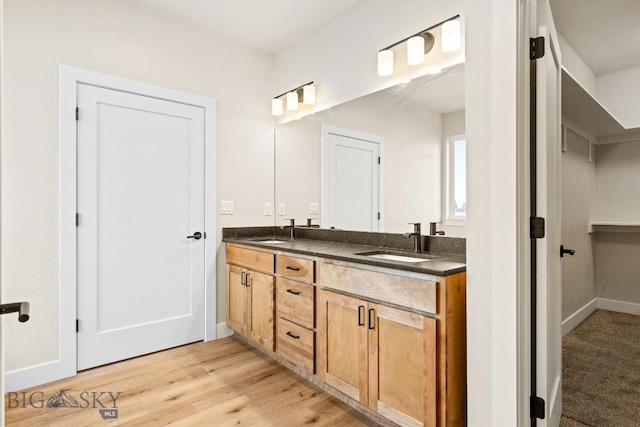 608 Spaniel Ln, Belgrade, MT 59714 - full bathroom featuring double vanity, wood finished floors, and baseboards