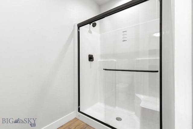 608 Spaniel Ln, Belgrade, MT 59714 - bathroom featuring a stall shower, baseboards, and wood finished floors