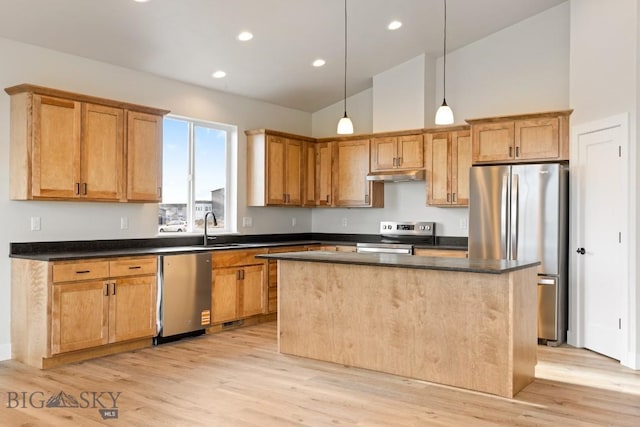 608 Spaniel Ln, Belgrade, MT 59714 - kitchen with stainless steel appliances, under cabinet range hood, a center island, dark countertops, and high vaulted ceiling