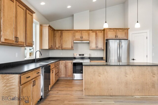 608 Spaniel Ln, Belgrade, MT 59714 - kitchen with appliances with stainless steel finishes, a sink, dark countertops, high vaulted ceiling, and light wood finished floors