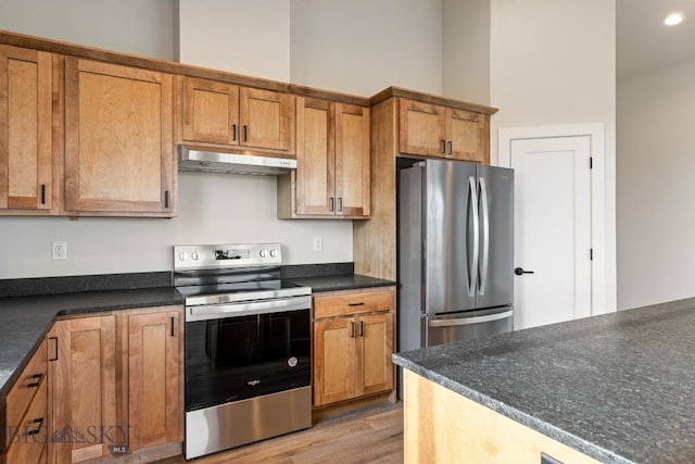 608 Spaniel Ln, Belgrade, MT 59714 - kitchen with stainless steel appliances, under cabinet range hood, dark countertops, and light wood-style floors