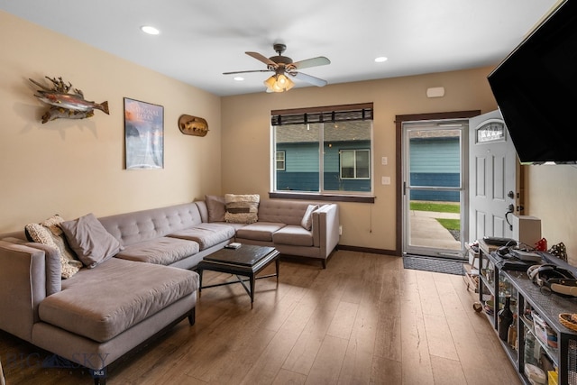2472 Milkhouse Ave, Bozeman, MT 59718 - living room featuring a ceiling fan, hardwood / wood-style floors, recessed lighting, plenty of natural light, and baseboards