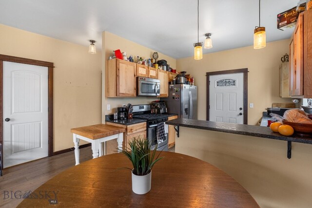 2472 Milkhouse Ave, Bozeman, MT 59718 - kitchen with appliances with stainless steel finishes, dark countertops, wood finished floors, a peninsula, and decorative light fixtures