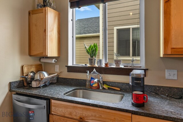 2472 Milkhouse Ave, Bozeman, MT 59718 - kitchen with stainless steel dishwasher, a sink, and dark stone counters