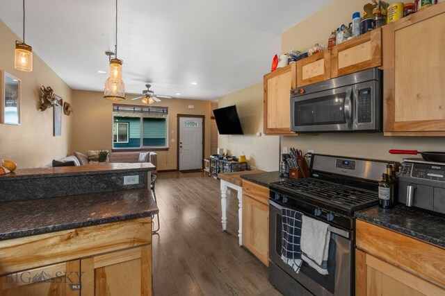 2472 Milkhouse Ave, Bozeman, MT 59718 - kitchen featuring appliances with stainless steel finishes, open floor plan, a ceiling fan, dark wood finished floors, and recessed lighting