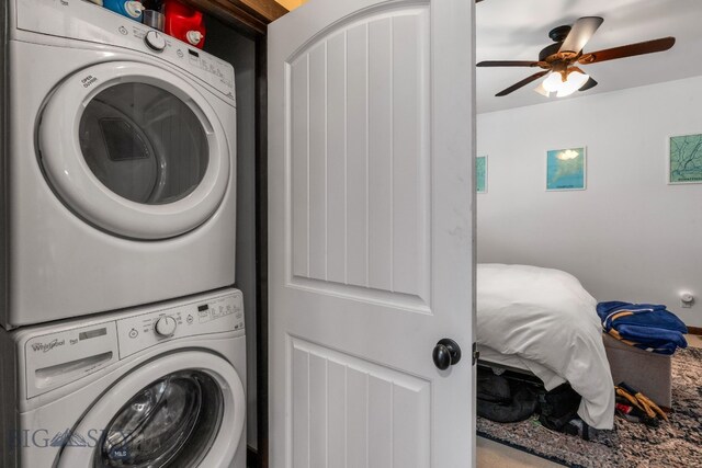 2472 Milkhouse Ave, Bozeman, MT 59718 - laundry area featuring stacked washer / dryer and a ceiling fan