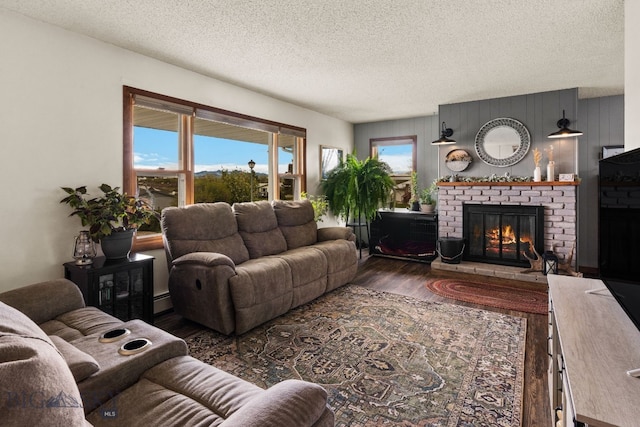 22 Rocky Mountain Dr, Whitehall, MT 59759 - living room with wood finished floors, a fireplace, baseboard heating, and a textured ceiling