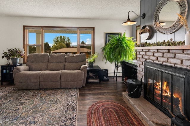 22 Rocky Mountain Dr, Whitehall, MT 59759 - living area featuring wood finished floors, a stone fireplace, a baseboard radiator, and a textured ceiling
