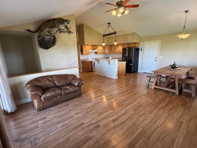 30 Grand View Ln, Big Timber, MT 59011 - living area featuring ceiling fan, wood finished floors, high vaulted ceiling, and baseboards