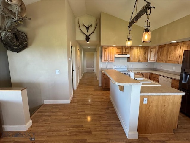 30 Grand View Ln, Big Timber, MT 59011 - kitchen with a sink, under cabinet range hood, white appliances, high vaulted ceiling, and light countertops