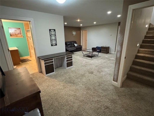 30 Grand View Ln, Big Timber, MT 59011 - living room with carpet flooring, stairs, recessed lighting, and baseboards
