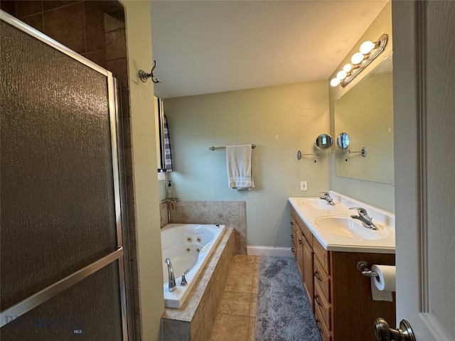 30 Grand View Ln, Big Timber, MT 59011 - bathroom with a whirlpool tub, double vanity, a shower stall, and tile patterned flooring