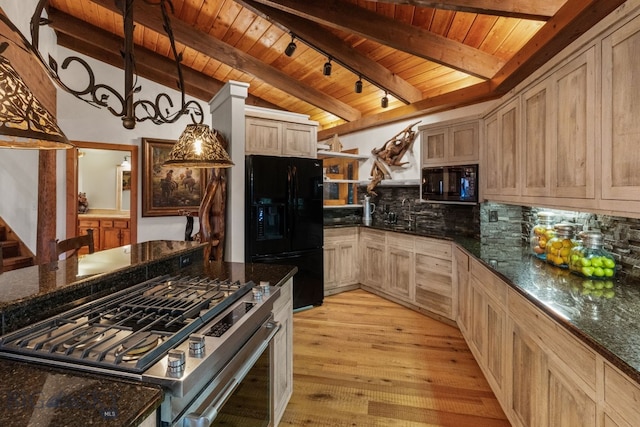 14585 Eagle Eye Way, Gallatin Gateway, MT 59730 - kitchen with black appliances, wood ceiling, backsplash, light wood-type flooring, and dark stone counters