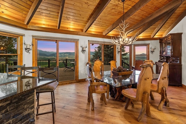 14585 Eagle Eye Way, Gallatin Gateway, MT 59730 - dining area with wood ceiling, a chandelier, light wood-type flooring, and baseboards
