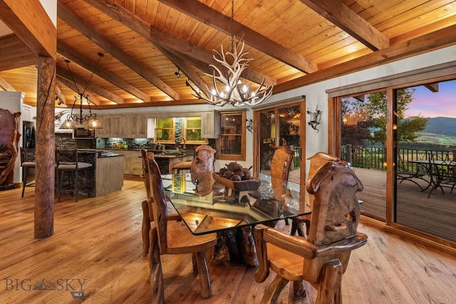 14585 Eagle Eye Way, Gallatin Gateway, MT 59730 - dining room with a chandelier, wood ceiling, and light wood-style floors