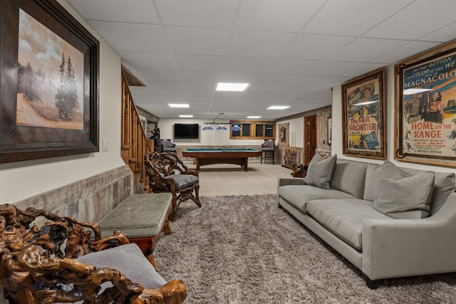 14585 Eagle Eye Way, Gallatin Gateway, MT 59730 - carpeted living area featuring billiards, stairway, and a drop ceiling