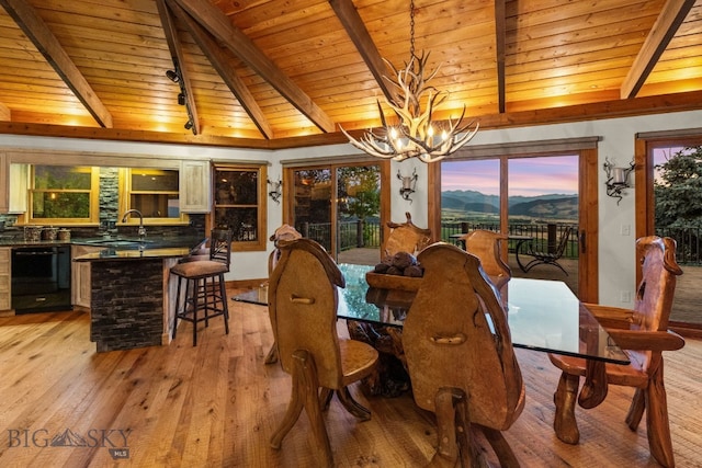 14585 Eagle Eye Way, Gallatin Gateway, MT 59730 - dining area with wooden ceiling with exposed beams, a chandelier, light wood-type flooring, and a mountain view