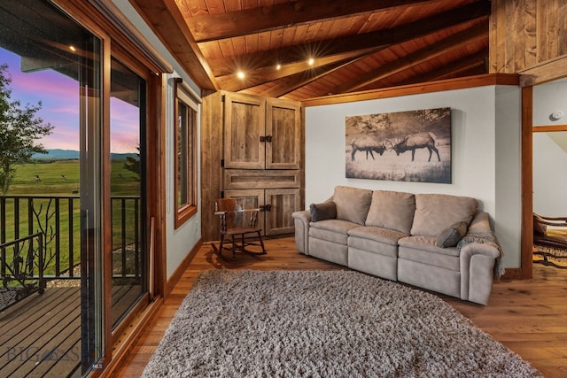 14585 Eagle Eye Way, Gallatin Gateway, MT 59730 - living area featuring wood ceiling, plenty of natural light, and wood finished floors