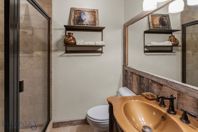 14585 Eagle Eye Way, Gallatin Gateway, MT 59730 - full bath with toilet, a shower stall, vanity, and tile patterned flooring