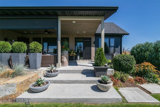 646 Arrow Trl, Bozeman, MT 59718 - view of exterior entry featuring a ceiling fan
