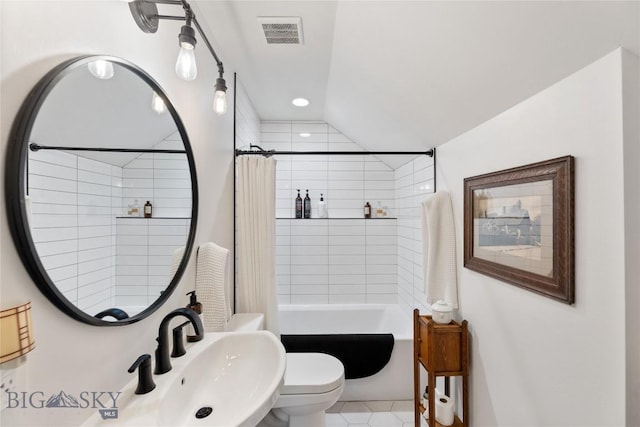 646 Arrow Trl, Bozeman, MT 59718 - bathroom with toilet, shower / bath combo, a sink, recessed lighting, and tile patterned floors