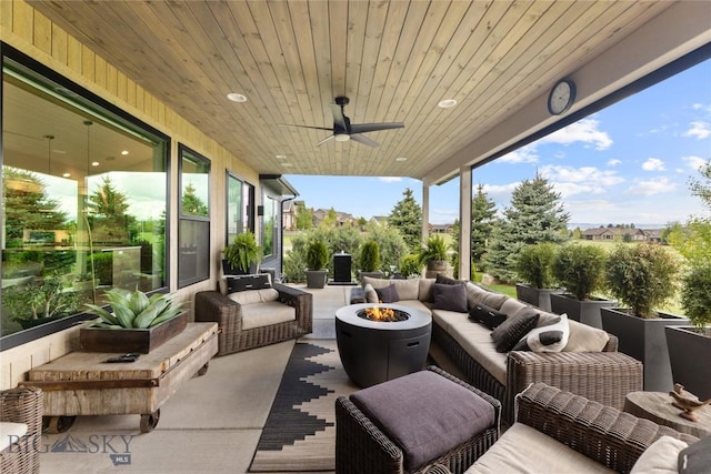 646 Arrow Trl, Bozeman, MT 59718 - view of patio / terrace featuring an outdoor living space with a fire pit and a ceiling fan