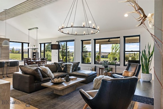 646 Arrow Trl, Bozeman, MT 59718 - living room featuring a chandelier, recessed lighting, and high vaulted ceiling