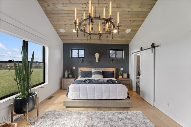 646 Arrow Trl, Bozeman, MT 59718 - bedroom featuring a chandelier, high vaulted ceiling, a barn door, wood ceiling, and light wood-type flooring